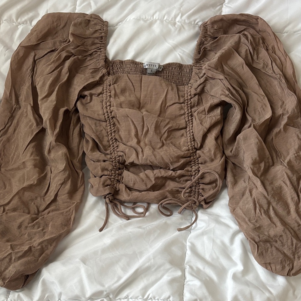 HYFVE- Anything Bling Boutique Brown Ruched Puff Sleeve Blouse